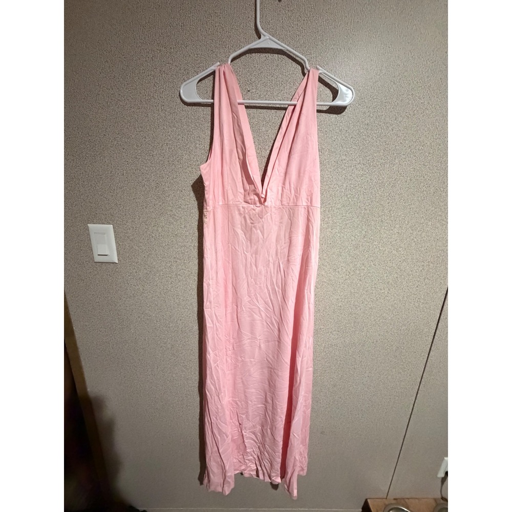 Vintage Pink Peignoir Set Nightgown Robe Gold Lace Trim Maxi 2 Piece Loungewear - Picture 3 of 15